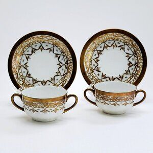 Vintage Heinrich Gold & White Bouillon Cup & Saucer 2 Sets Art Nouveau Germany